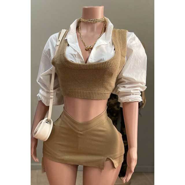 Long Sleeve Blouse Shirt Mini Skirt Set