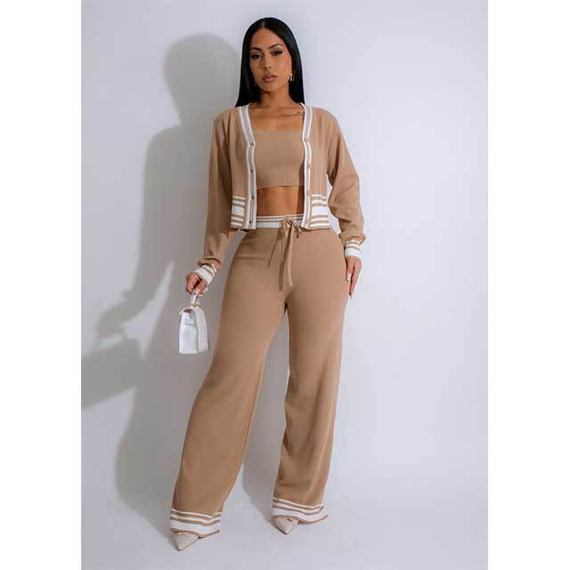 Striped Cardigan Knitted Pant Suit 3 Pieces