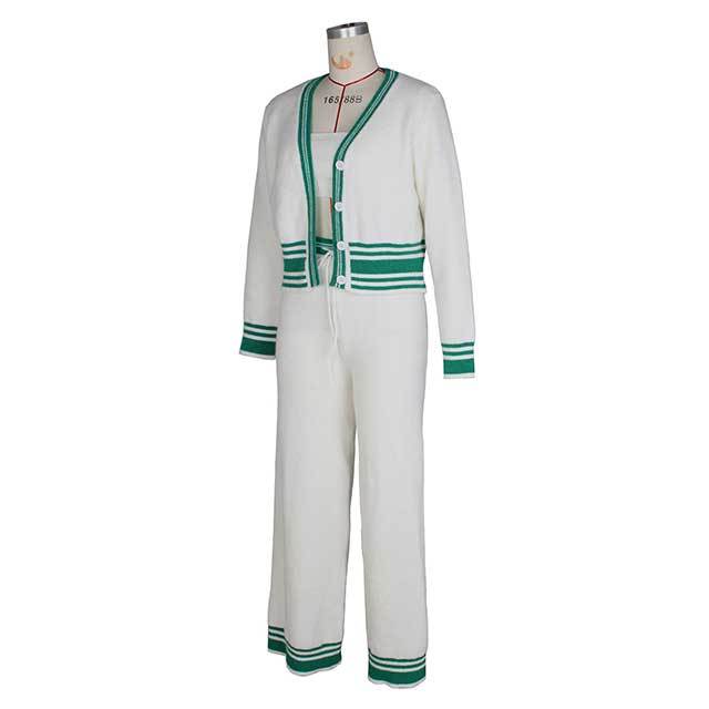 Striped Cardigan Knitted Pant Suit 3 Pieces