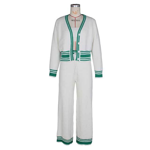 Striped Cardigan Knitted Pant Suit 3 Pieces
