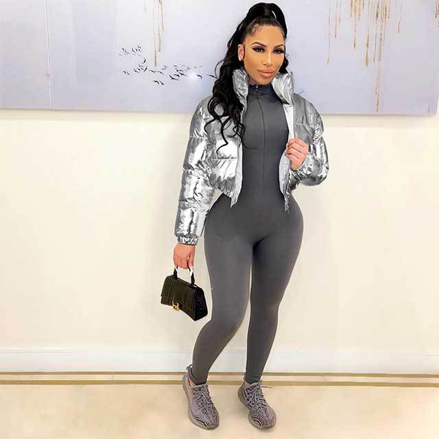 Zipper Up Shiny Puffer Jacket