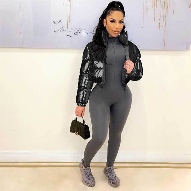 Zipper Up Shiny Puffer Jacket