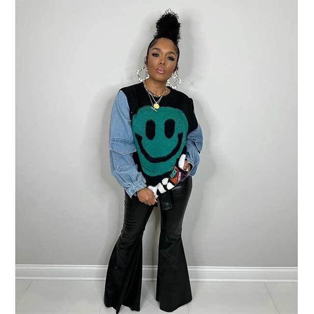 Smiley Face Denim Patchwork Style Sweater