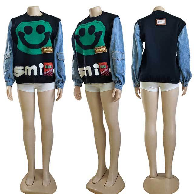 Smiley Face Denim Patchwork Style Sweater