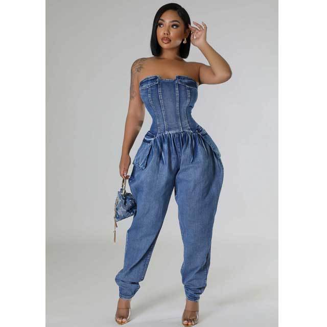 Strapless Denim Cargo Jumpsuit