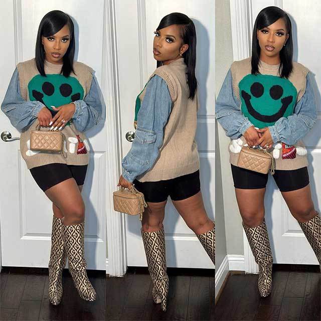 Smiley Face Denim Patchwork Style Sweater