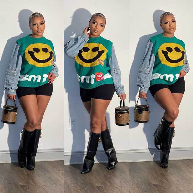 Smiley Face Denim Patchwork Style Sweater