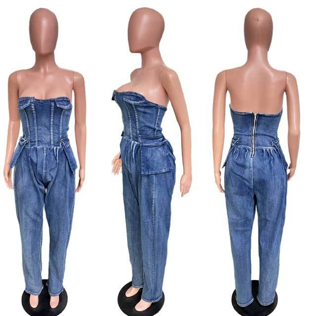 Strapless Denim Cargo Jumpsuit