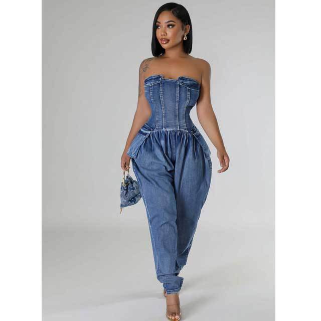 Strapless Denim Cargo Jumpsuit