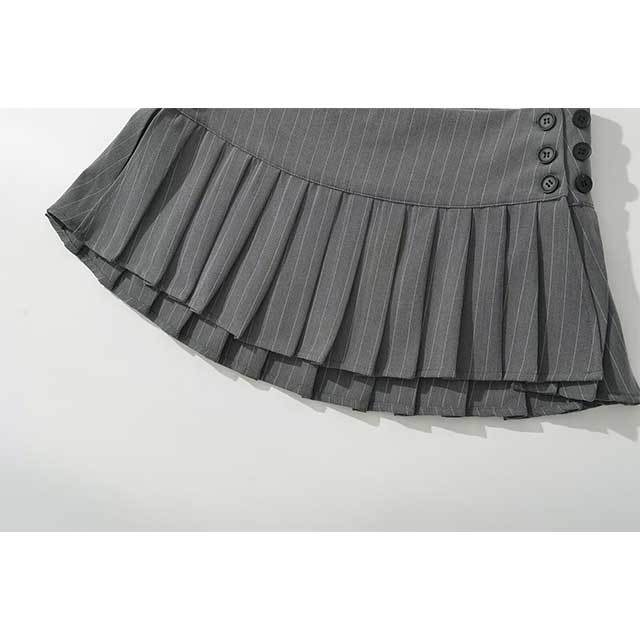 Color Block Blouse Shirt Top Pleated Skirt Set