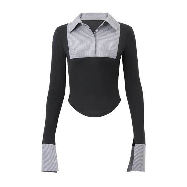 Color Block Blouse Shirt Top Pleated Skirt Set