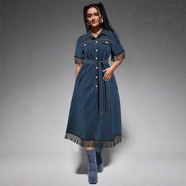 Plus Size Denim Tassel Maxi Dress