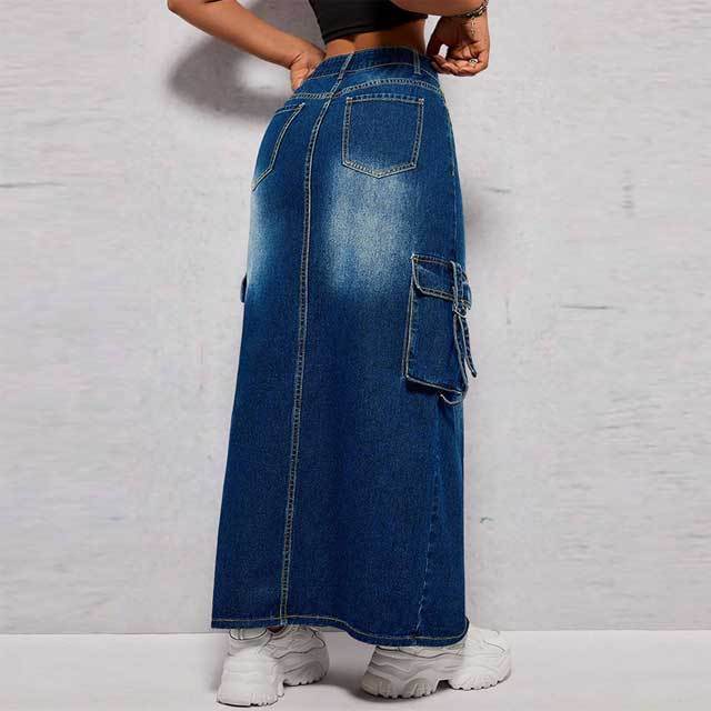 Plus Size Denim Slit Cargo Skirt