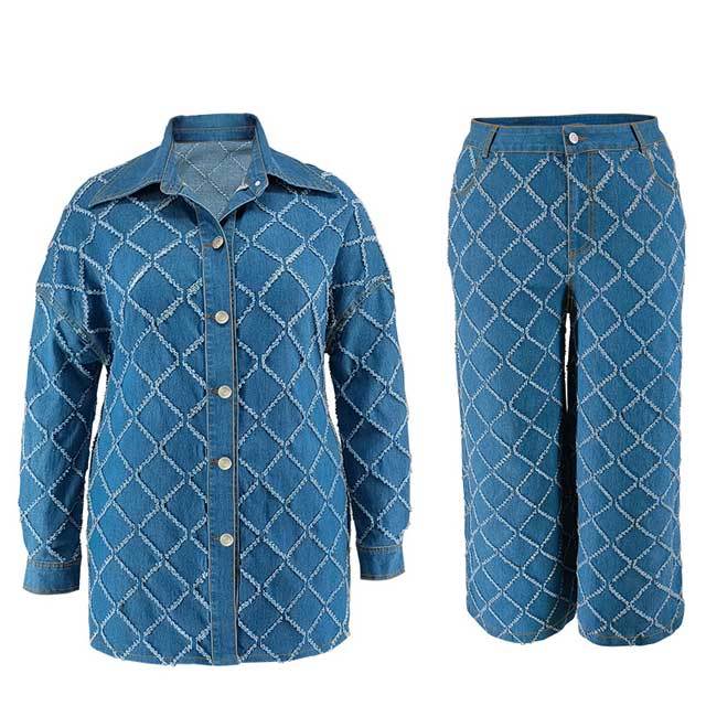 Plus Size Denim Shirt Top Casual Pants Set
