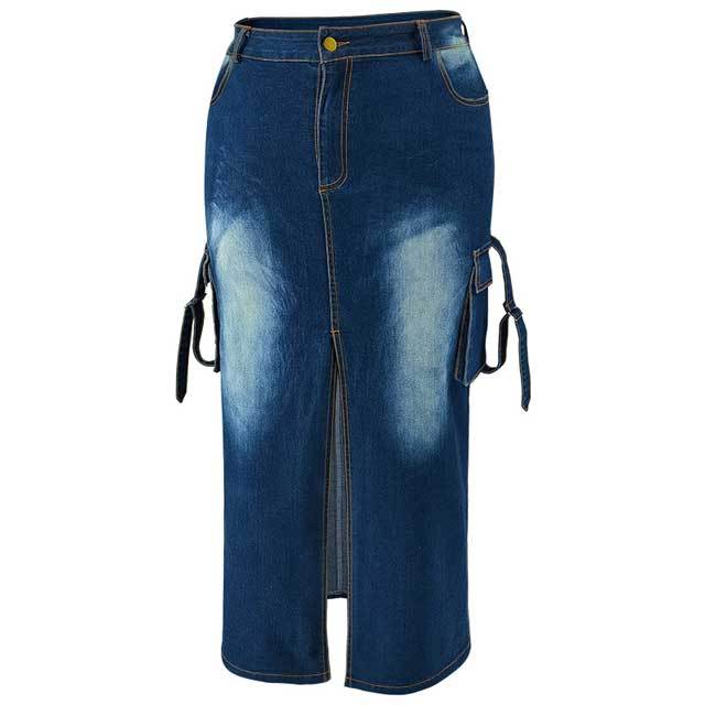 Plus Size Denim Slit Cargo Skirt