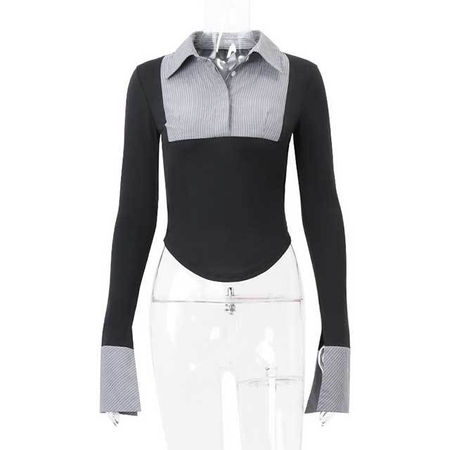 Color Block Blouse Shirt Top Pleated Skirt Set