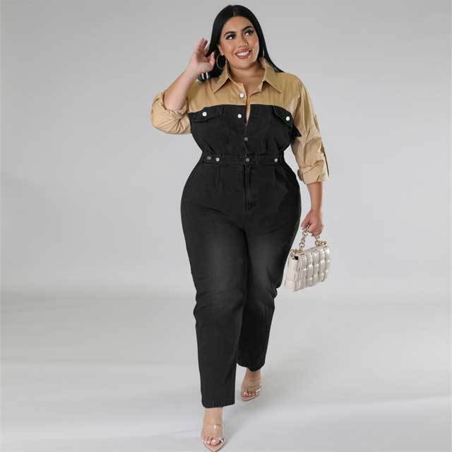 Plus Size Color Block Denim Polo Jumpsuit