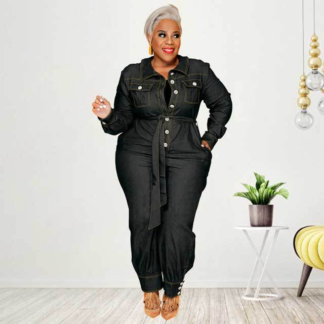 Plus Size Denim Belted Jumpsuit