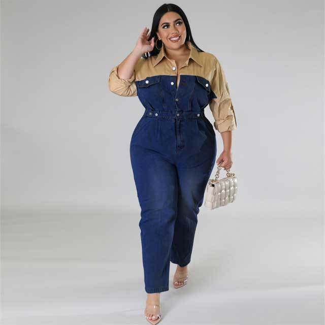 Plus Size Color Block Denim Polo Jumpsuit
