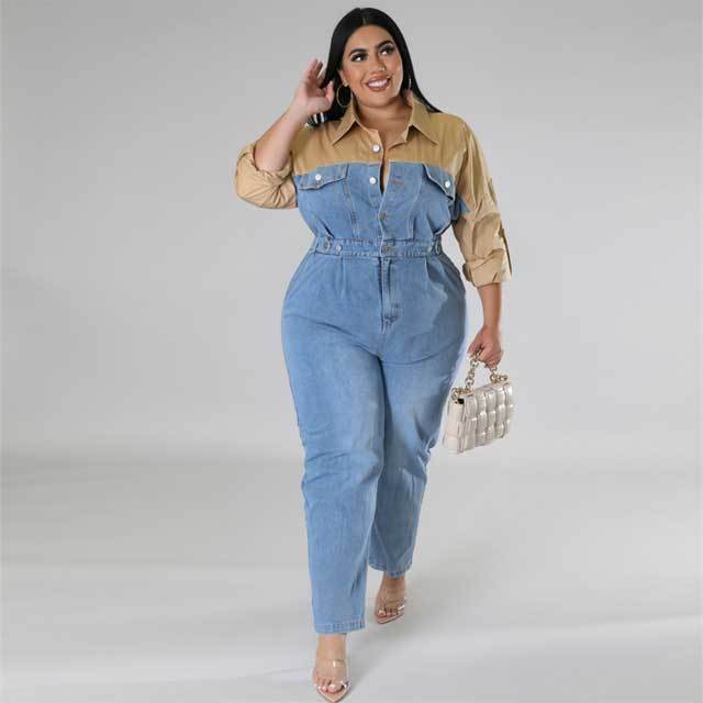 Plus Size Color Block Denim Polo Jumpsuit