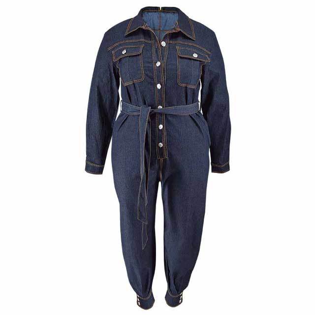 Plus Size Denim Belted Jumpsuit