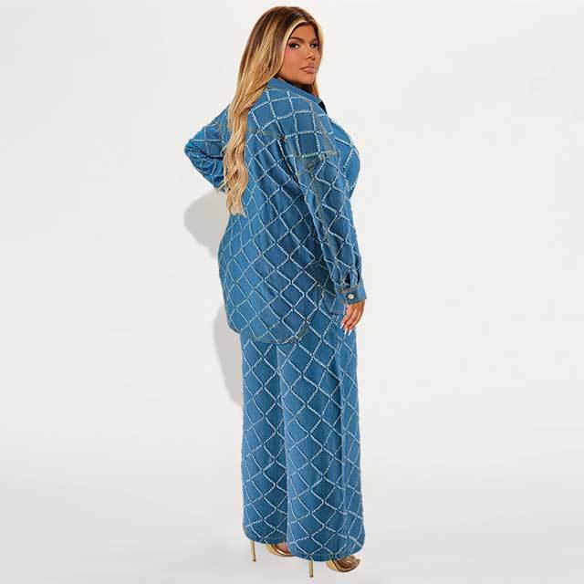 Plus Size Denim Shirt Top Casual Pants Set