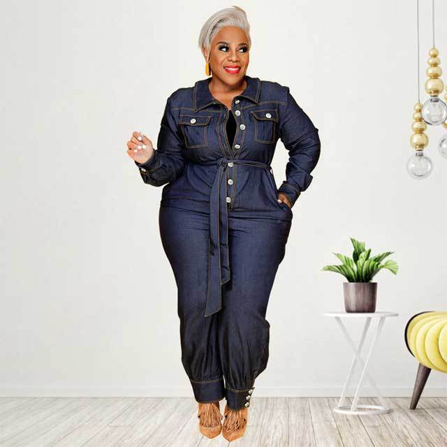 Plus Size Denim Belted Jumpsuit