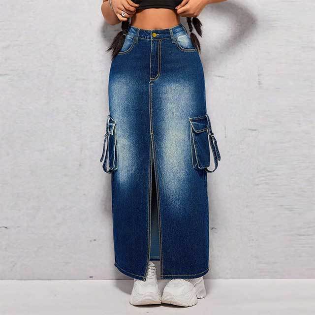 Plus Size Denim Slit Cargo Skirt