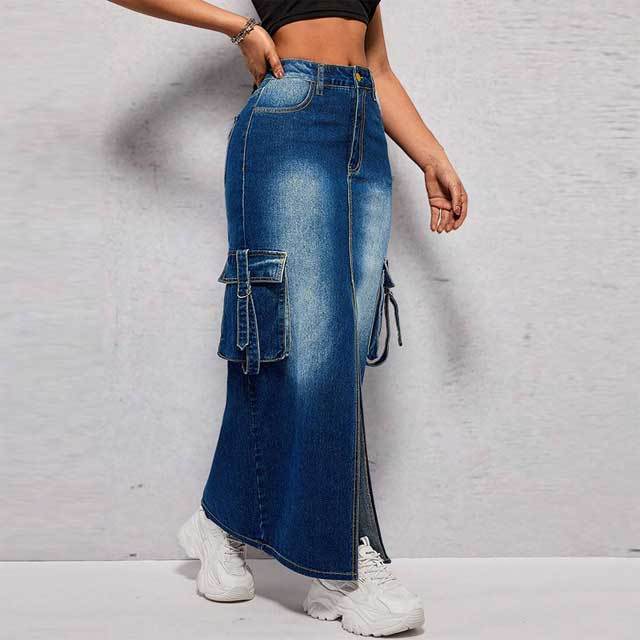 Plus Size Denim Slit Cargo Skirt