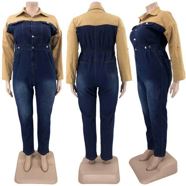 Plus Size Color Block Denim Polo Jumpsuit