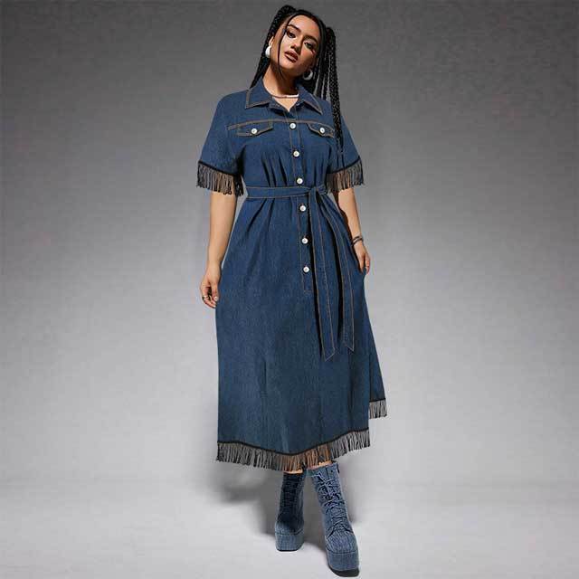 Plus Size Denim Tassel Maxi Dress