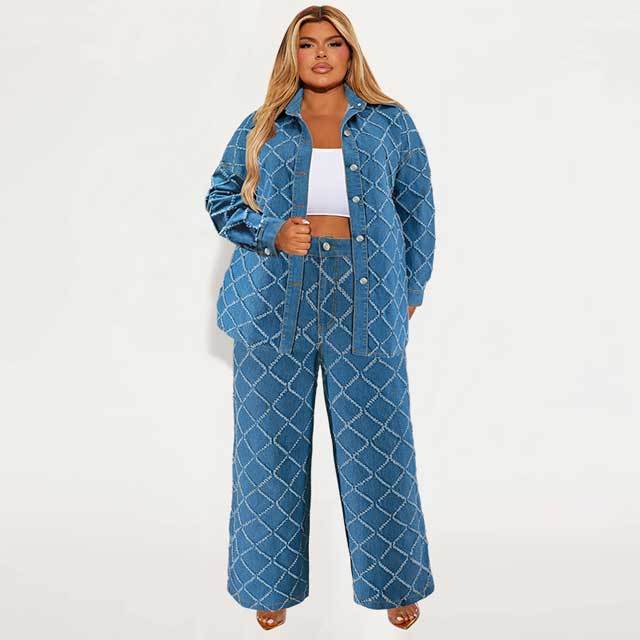 Plus Size Denim Shirt Top Casual Pants Set