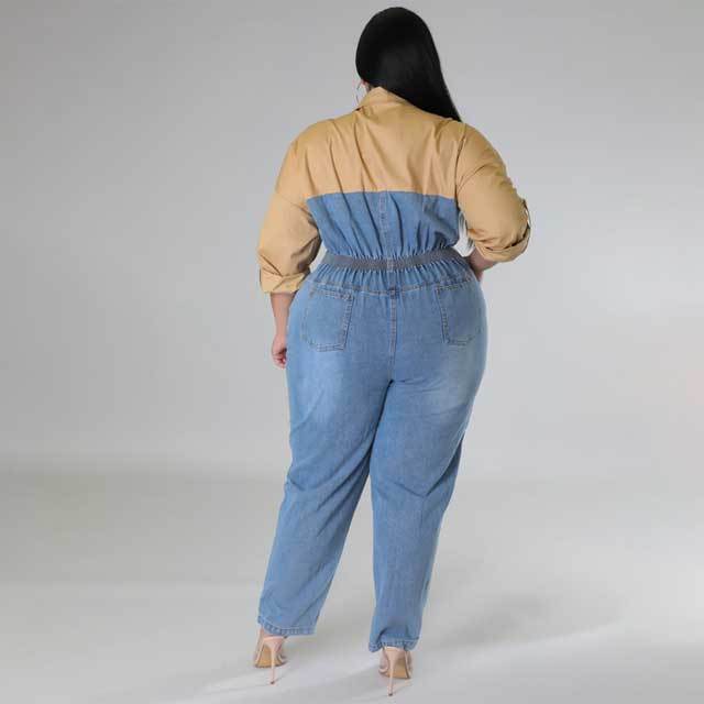 Plus Size Color Block Denim Polo Jumpsuit
