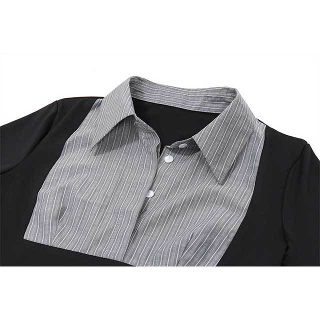Color Block Blouse Shirt Top Pleated Skirt Set