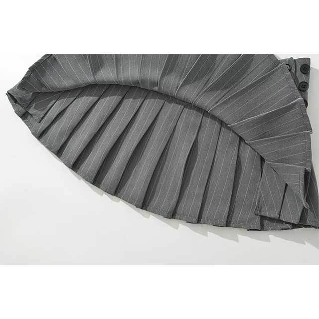 Color Block Blouse Shirt Top Pleated Skirt Set