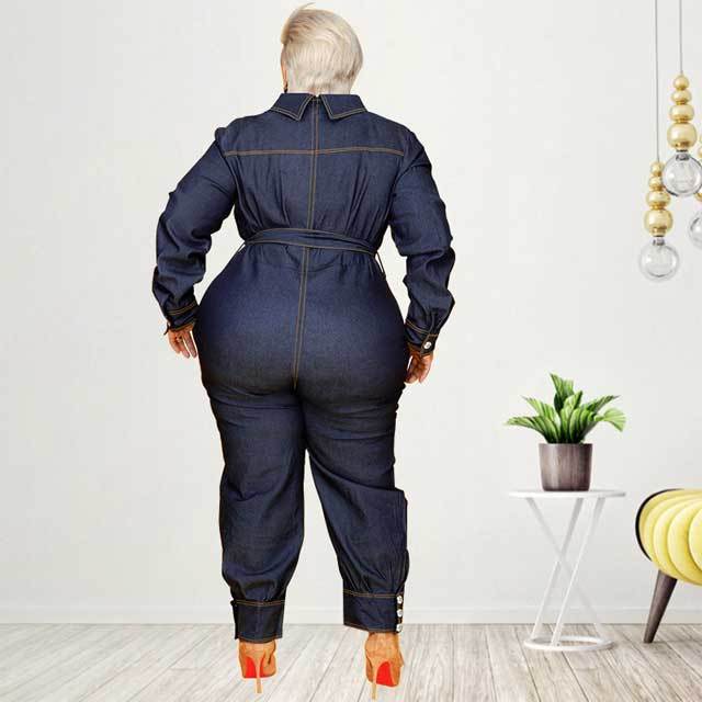 Plus Size Denim Belted Jumpsuit