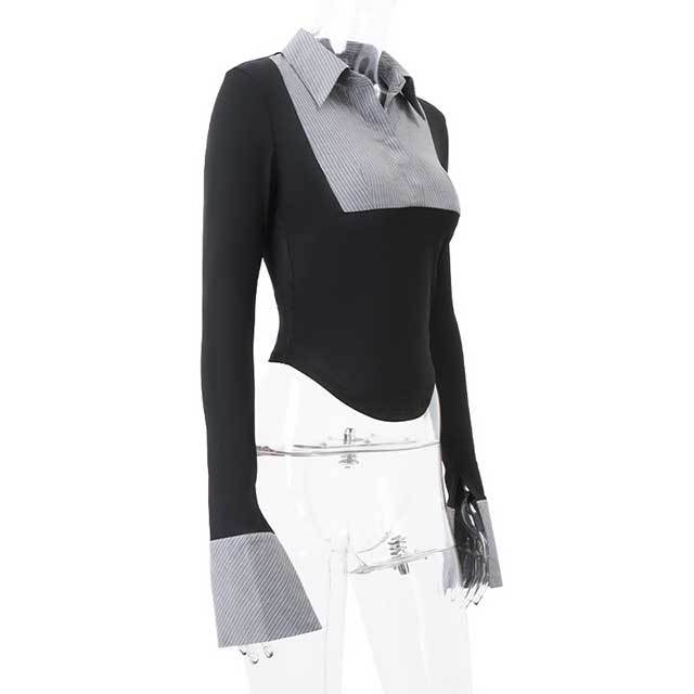 Color Block Blouse Shirt Top Pleated Skirt Set