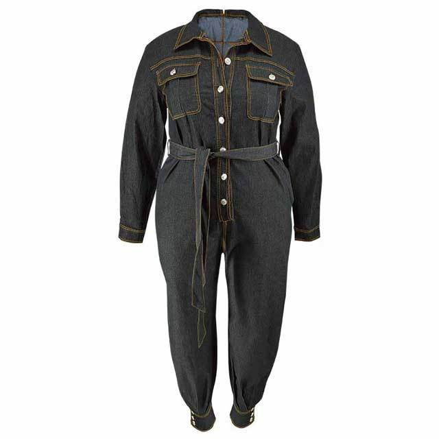 Plus Size Denim Belted Jumpsuit