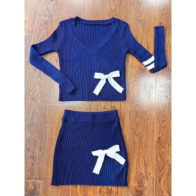 High Elastic V-neck Knitted  Bow Skirt Suit
