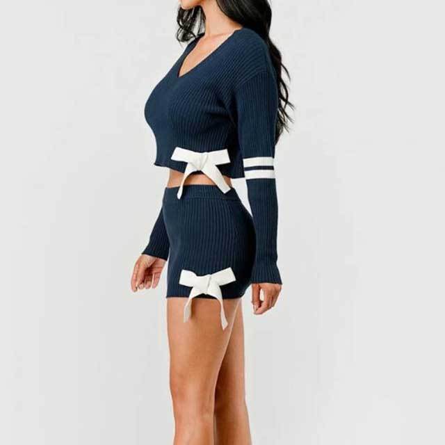 High Elastic V-neck Knitted  Bow Skirt Suit