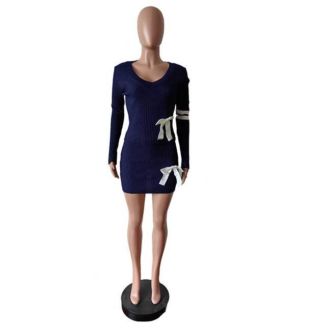 High Elastic V-neck Knitted  Bow Skirt Suit
