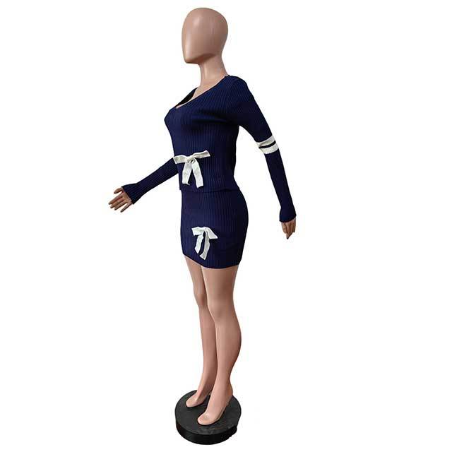 High Elastic V-neck Knitted  Bow Skirt Suit