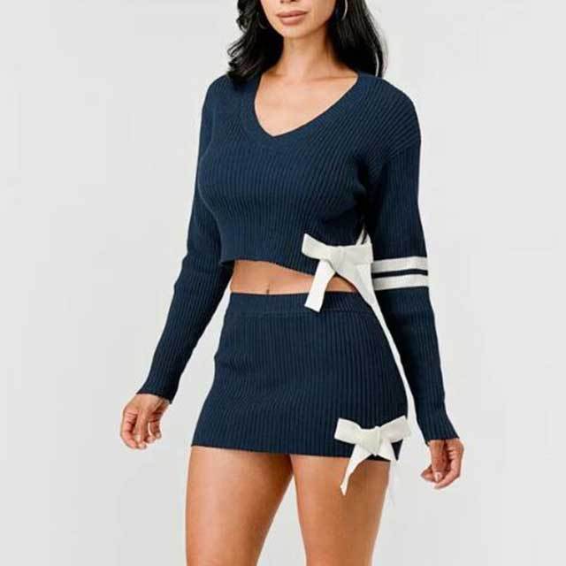 High Elastic V-neck Knitted  Bow Skirt Suit