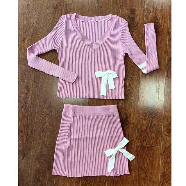 High Elastic V-neck Knitted  Bow Skirt Suit