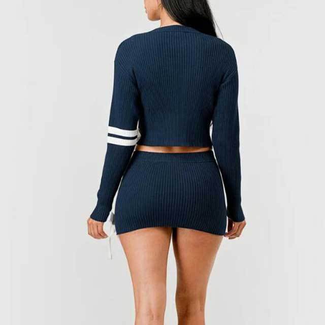 High Elastic V-neck Knitted  Bow Skirt Suit