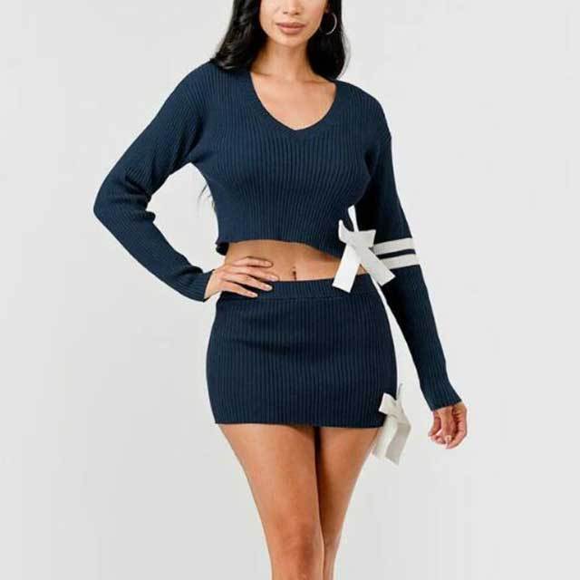High Elastic V-neck Knitted  Bow Skirt Suit