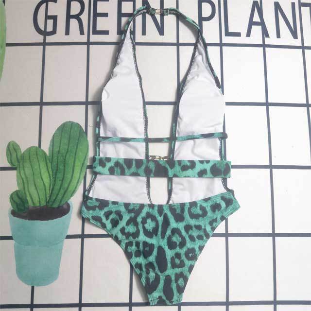Leopard Print Hollow Out Halter Swimsuit