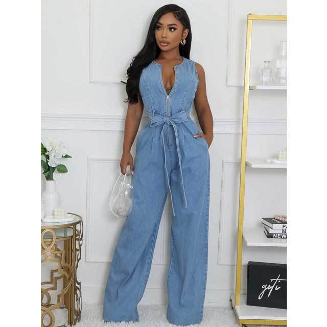 Denim Sleeveless Belted Jumpsuit