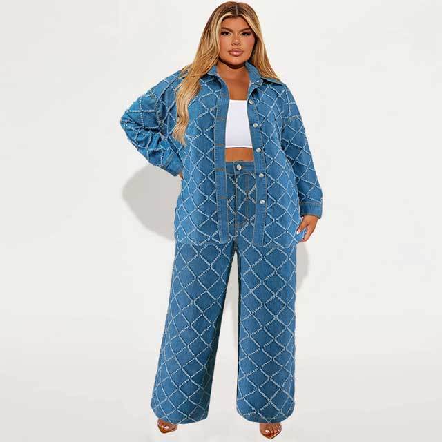 Plus Size Denim Shirt Top Casual Pants Set