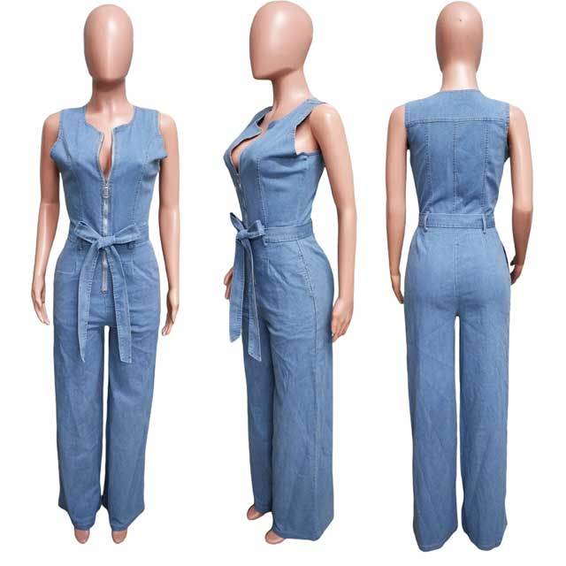 Denim Sleeveless Belted Jumpsuit